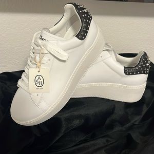 ASH, PLATFORM SNEAKERS, WHITE W/BLACK ANKLE AND SILVER STUD DETAIL